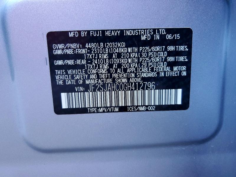 Aukcja sprzedaży 2016 Subaru Forester, vin: JF2SJAHC0GH412796, numer aukcji: 62165406