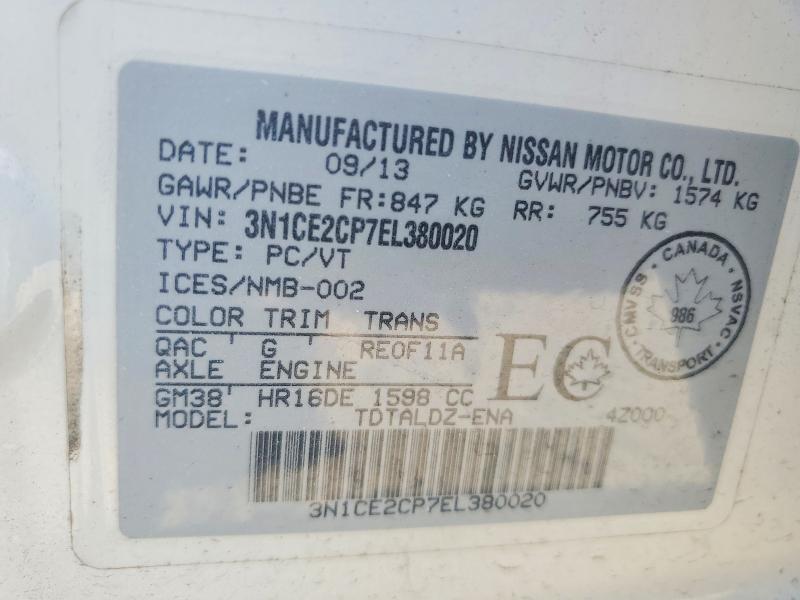 2014 Nissan Versa Note მანქანა იყიდება აუქციონზე, vin: 3N1CE2CP7EL380020, აუქციონის ნომერი: 61391246