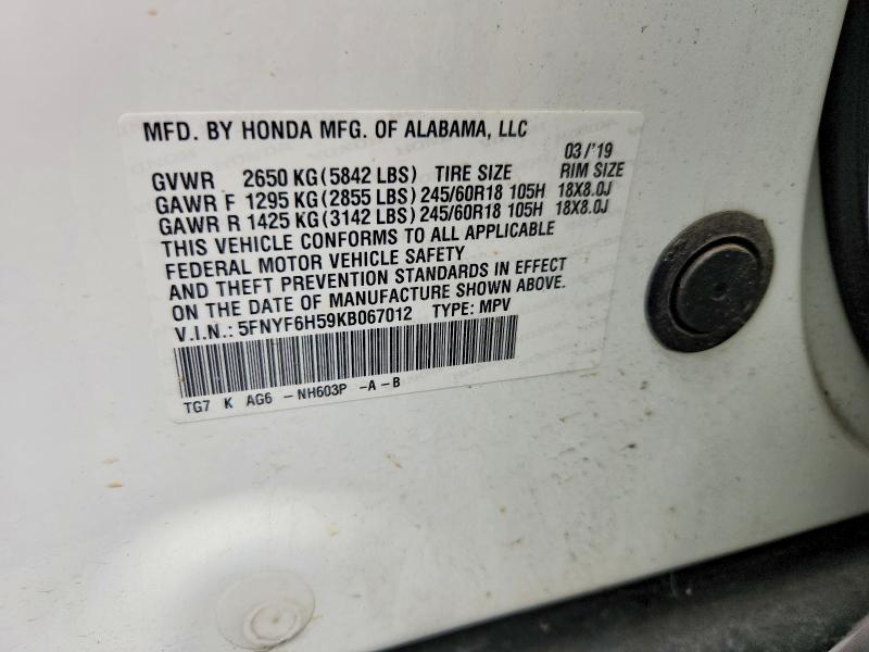 61046036 :رقم المزاد ، 5FNYF6H59KB067012 vin ، 2019 Honda Pilot مزاد بيع