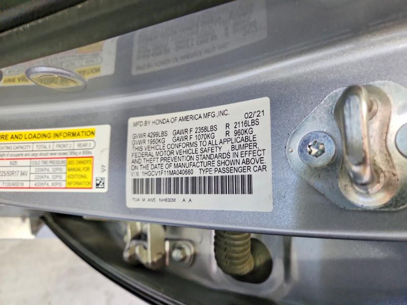 63362946 :رقم المزاد ، 1HGCV1F11MA040660 vin ، 2021 Honda Accord مزاد بيع