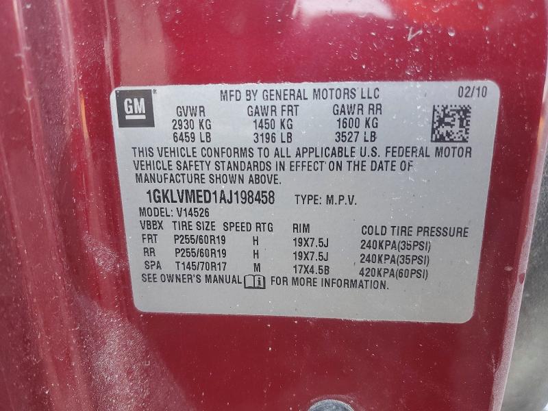 62022666 :رقم المزاد ، 1GKLVMED1AJ198458 vin ، 2010 Gmc Acadia مزاد بيع