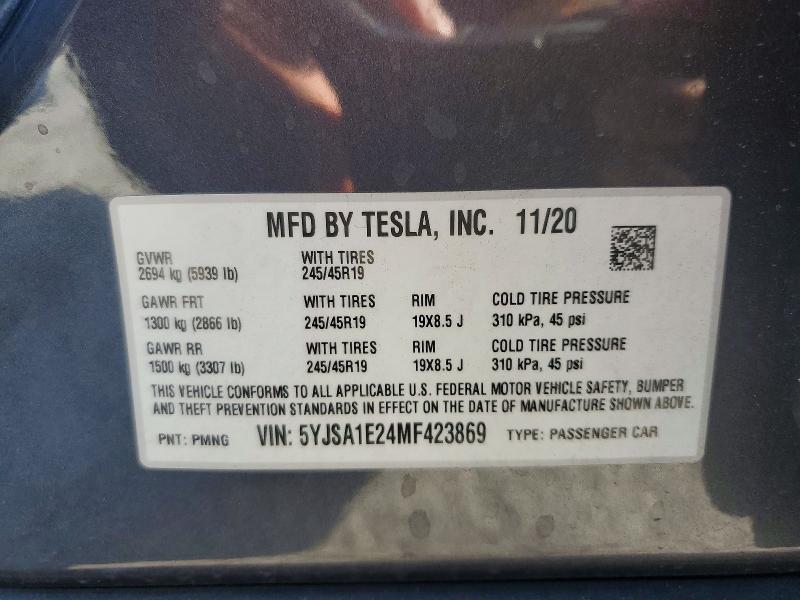 62716866 :رقم المزاد ، 5YJSA1E24MF423869 vin ، 2021 Tesla Model S مزاد بيع