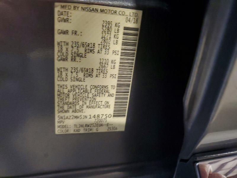 2018 Nissan Murano მანქანა იყიდება აუქციონზე, vin: 5N1AZ2MH5JN148750, აუქციონის ნომერი: 62337456