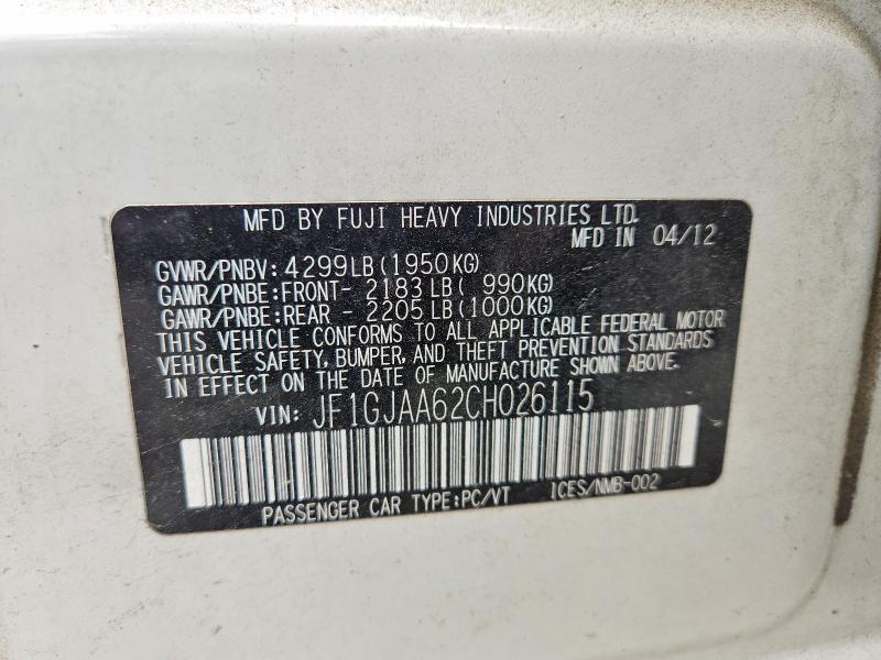 Aukcja sprzedaży 2012 Subaru Impreza, vin: JF1GJAA62CH026115, numer aukcji: 61903576