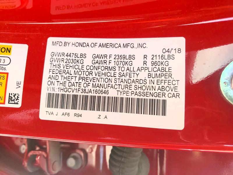 60871786 :رقم المزاد ، 1HGCV1F38JA160646 vin ، 2018 Honda Accord مزاد بيع