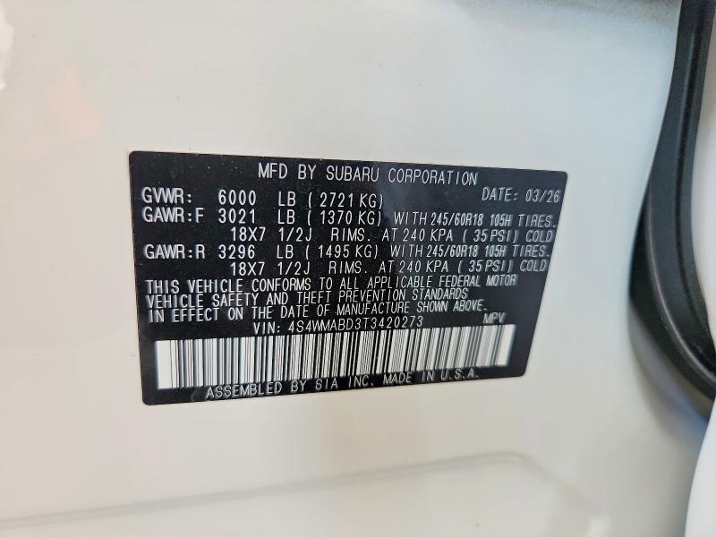 2026 Subaru Ascent მანქანა იყიდება აუქციონზე, vin: 4S4WMABD3T3420273, აუქციონის ნომერი: 59654096
