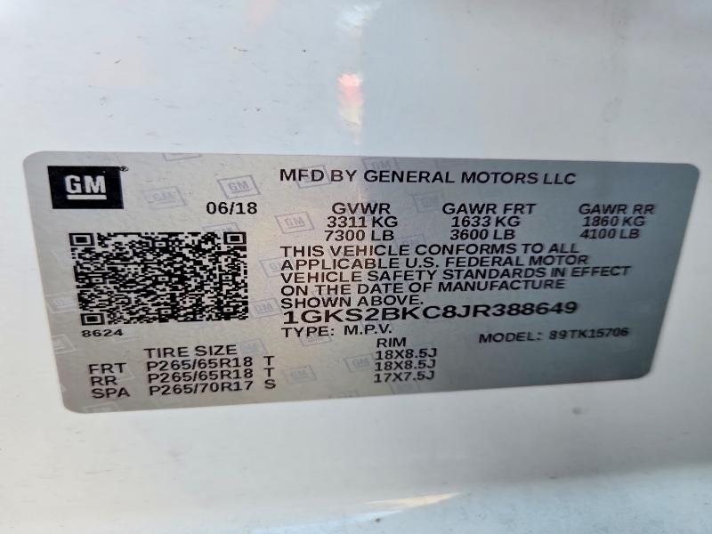 Aukcja sprzedaży 2018 Gmc Yukon, vin: 1GKS2BKC8JR388649, numer aukcji: 63056876