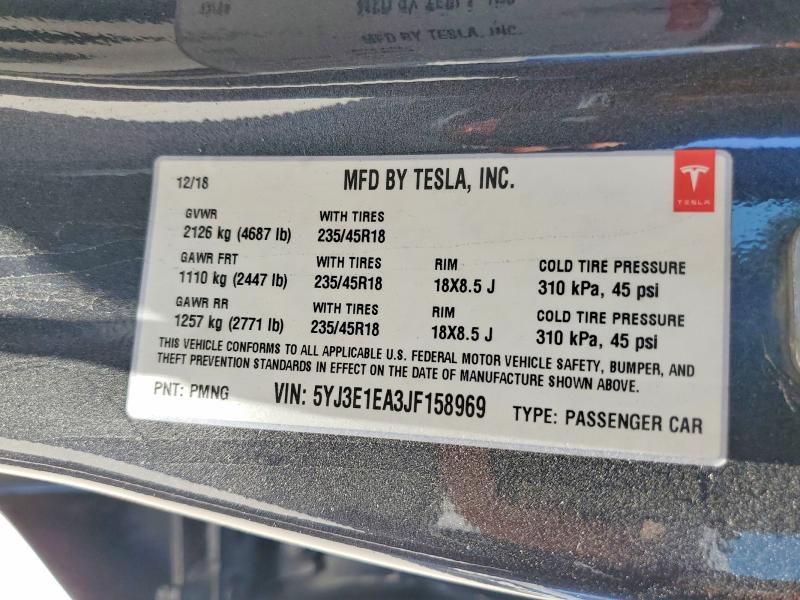 Aukcja sprzedaży 2018 Tesla Model 3, vin: 5YJ3E1EA3JF158969, numer aukcji: 62051756