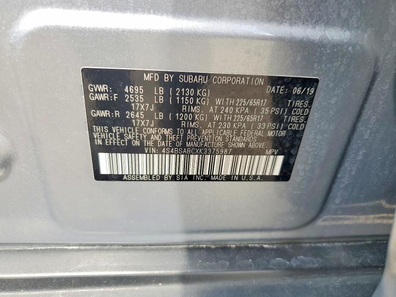 Aukcja sprzedaży 2019 Subaru Outback, vin: 4S4BSABCXK3375987, numer aukcji: 61113376