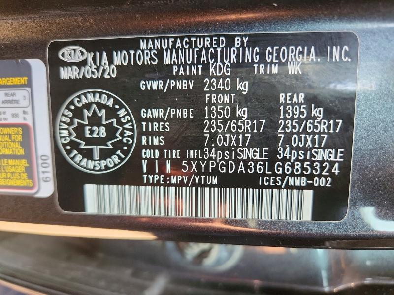 Продаж на аукціоні авто 2020 Kia Sorento, vin: 5XYPGDA36LG685324, номер лоту: 63598056