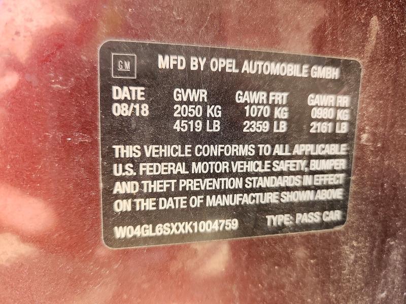 59654756 :رقم المزاد ، W04GL6SXXK1004759 vin ، 2019 Buick Regal مزاد بيع