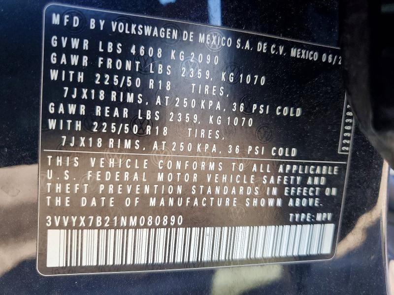 Aukcja sprzedaży 2022 Volkswagen Taos, vin: 3VVYX7B21NM080890, numer aukcji: 59254776