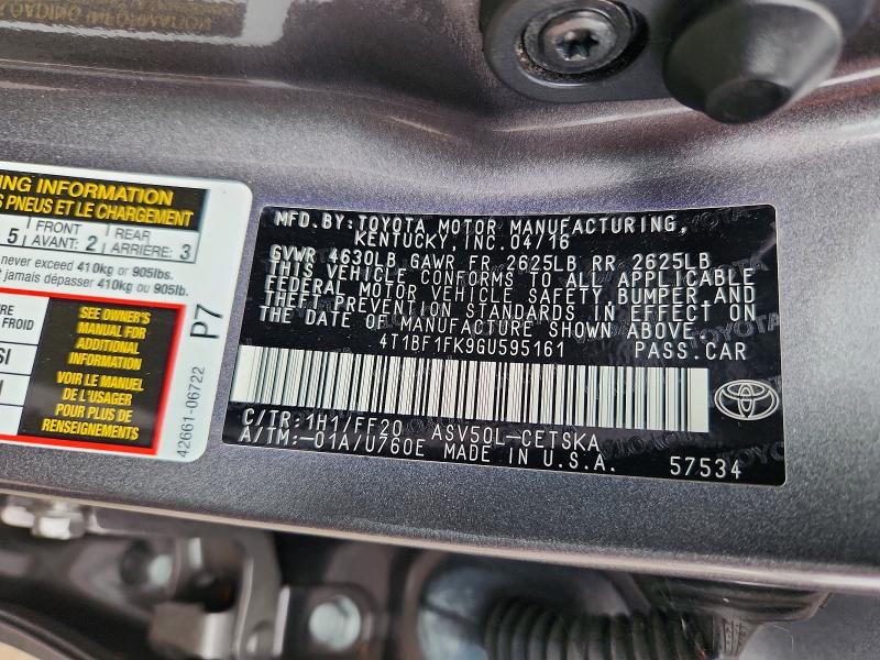 60837716 :رقم المزاد ، 4T1BF1FK9GU595161 vin ، 2016 Toyota Camry مزاد بيع