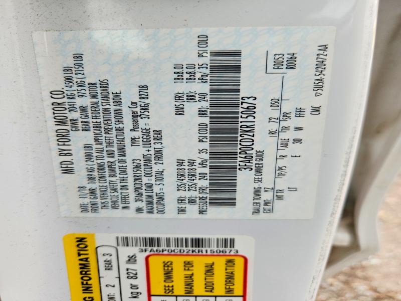 Продажа на аукционе авто 2019 Ford Fusion, vin: 3FA6P0CD2KR150673, номер лота: 61878076