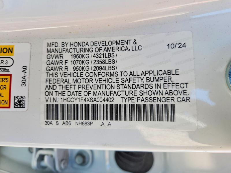 Продаж на аукціоні авто 2025 Honda Accord, vin: 1HGCY1F4XSA004402, номер лоту: 85458675