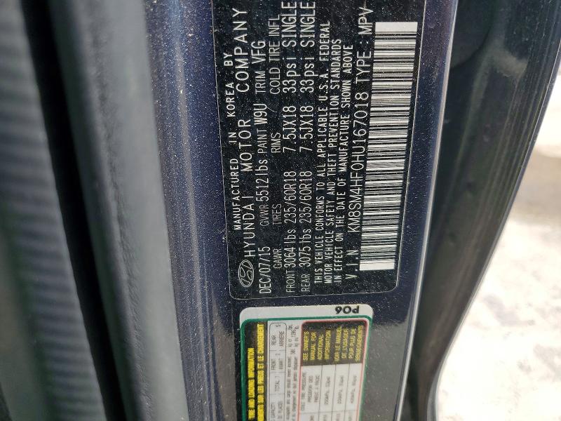Aukcja sprzedaży 2017 Hyundai Santa Fe, vin: KM8SM4HF0HU167018, numer aukcji: 62018566
