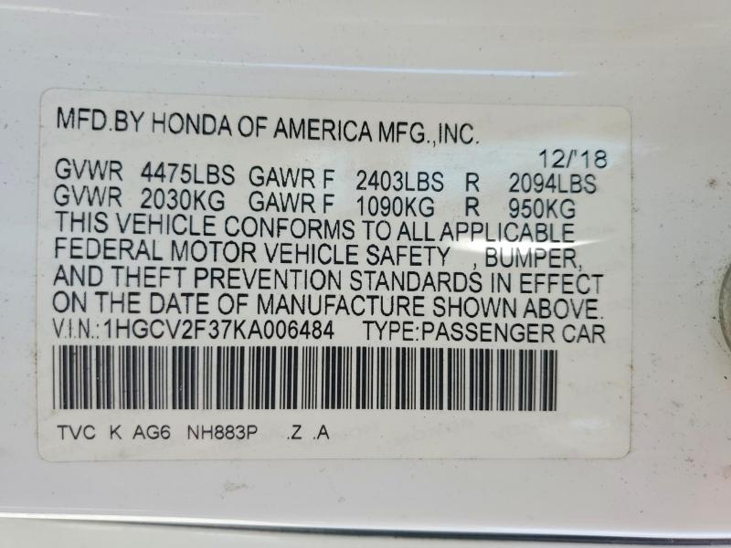 59834616 :رقم المزاد ، 1HGCV2F37KA006484 vin ، 2019 Honda Accord مزاد بيع