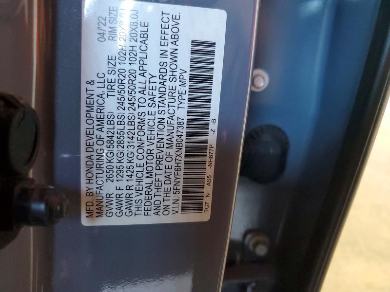62110746 :رقم المزاد ، 5FNYF6H7XNB047387 vin ، 2022 Honda Pilot مزاد بيع