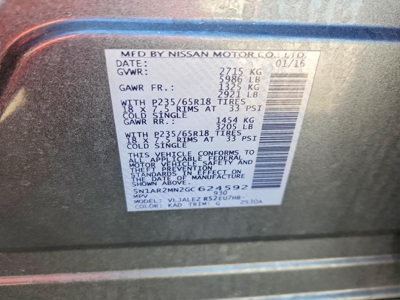 74513725 :رقم المزاد ، 5N1AR2MN2GC624592 vin ، 2016 Nissan Pathfinder مزاد بيع
