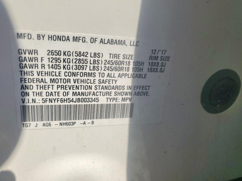 2018 Honda Pilot მანქანა იყიდება აუქციონზე, vin: 5FNYF6H54JB003345, აუქციონის ნომერი: 60910136