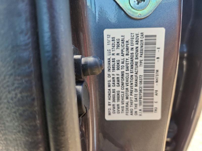 59694866 :رقم المزاد ، 19XFB2F58CE106372 vin ، 2012 Honda Civic مزاد بيع