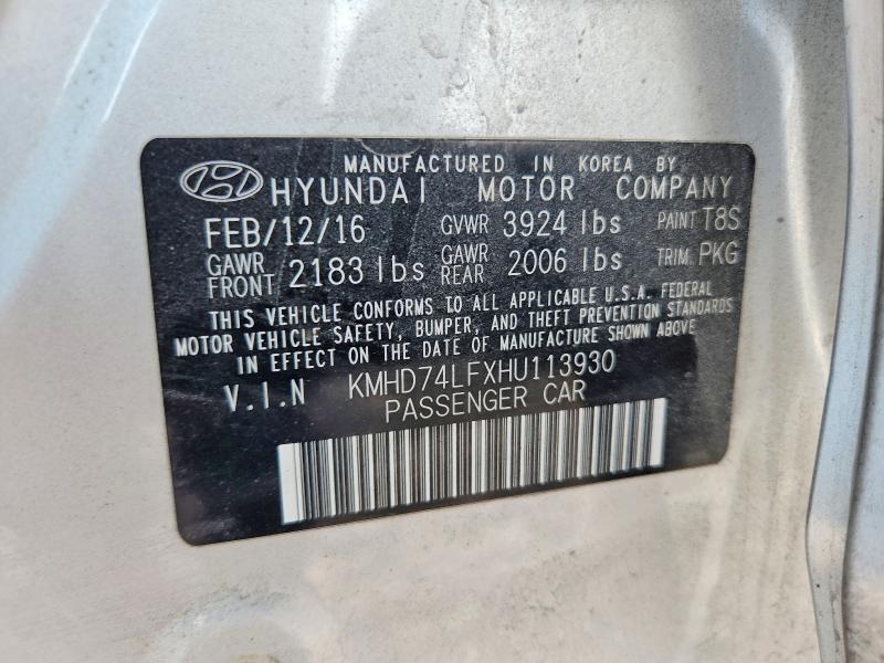 61069736 :رقم المزاد ، KMHD74LFXHU113930 vin ، 2017 Hyundai Elantra مزاد بيع