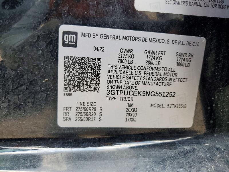 62422156 :رقم المزاد ، 3GTPUCEK5NG551252 vin ، 2022 Gmc Sierra مزاد بيع