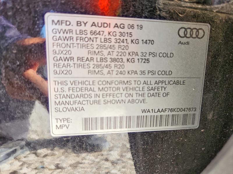 62495616 :رقم المزاد ، WA1LAAF76KD047673 vin ، 2019 Audi Q7 مزاد بيع