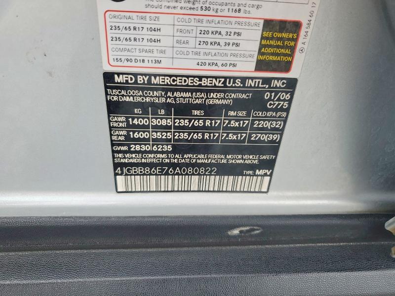 Auction sale of the 2006 Mercedes-benz Ml, vin: 4JGBB86E76A080822, lot number: 63235556