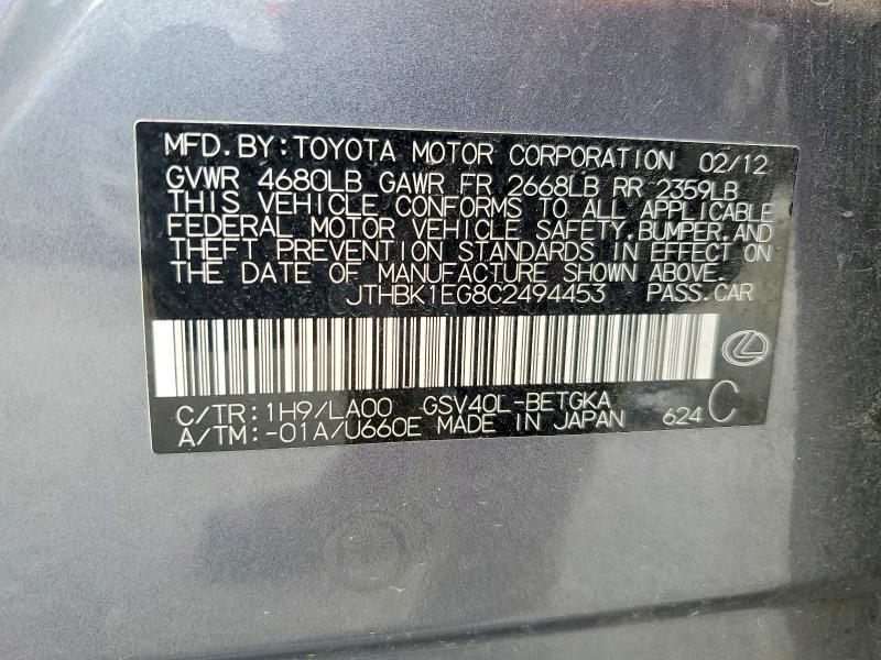 Aukcja sprzedaży 2012 Lexus Es, vin: JTHBK1EG8C2494453, numer aukcji: 61123786