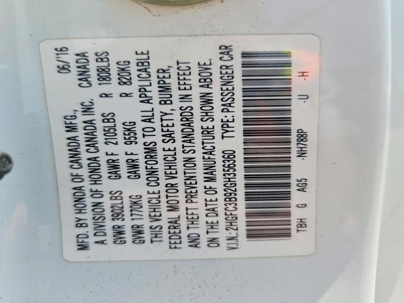Продаж на аукціоні авто 2016 Honda Civic, vin: 2HGFC3B92GH356360, номер лоту: 61957776