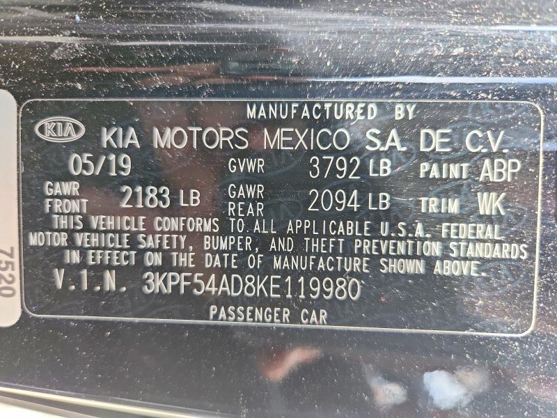 2019 Kia Forte მანქანა იყიდება აუქციონზე, vin: 3KPF54AD8KE119980, აუქციონის ნომერი: 60586276