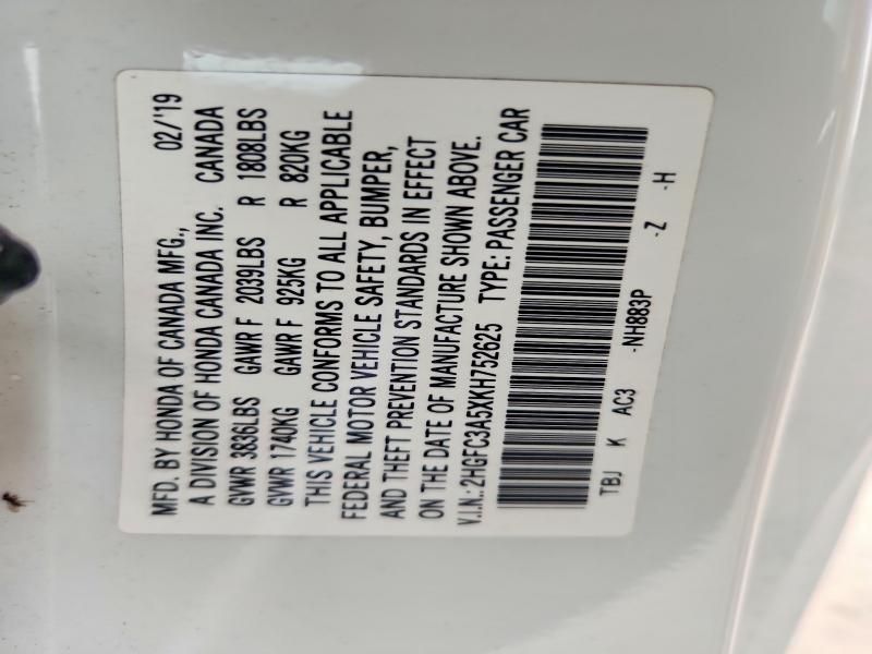 2019 Honda Civic მანქანა იყიდება აუქციონზე, vin: 2HGFC3A5XKH752625, აუქციონის ნომერი: 61165396