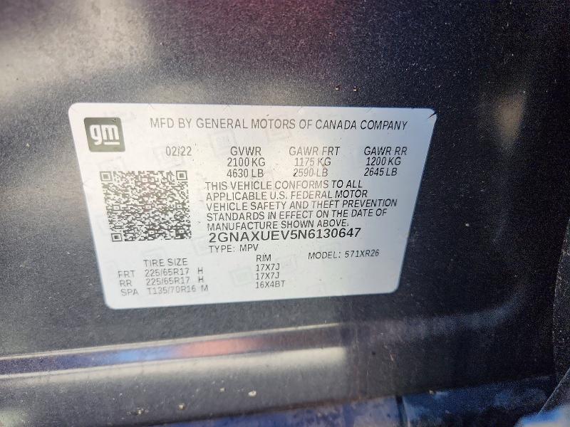 Продаж на аукціоні авто 2022 Chevrolet Equinox, vin: 2GNAXUEV5N6130647, номер лоту: 60447086
