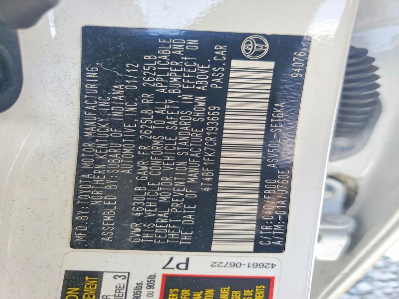 2012 Toyota Camry მანქანა იყიდება აუქციონზე, vin: 4T4BF1FK7CR193669, აუქციონის ნომერი: 62395096