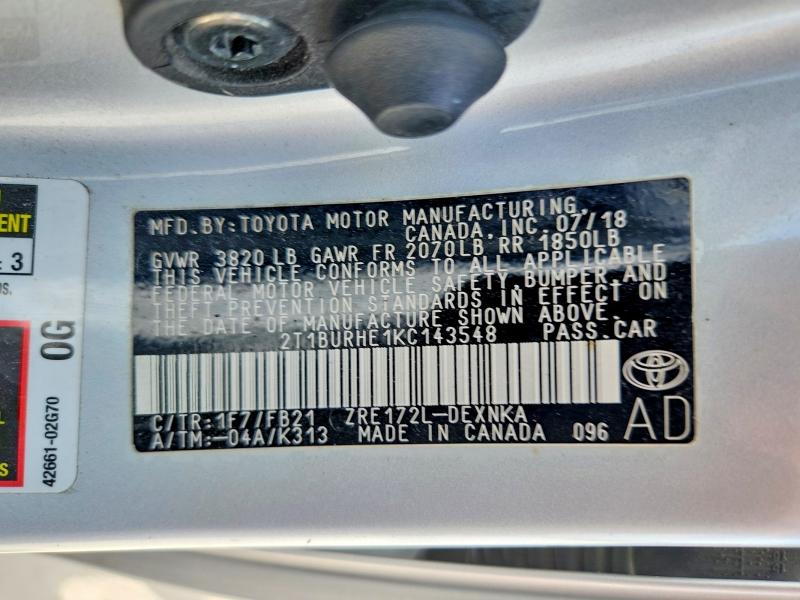 63149056 :رقم المزاد ، 2T1BURHE1KC143548 vin ، 2019 Toyota Corolla مزاد بيع