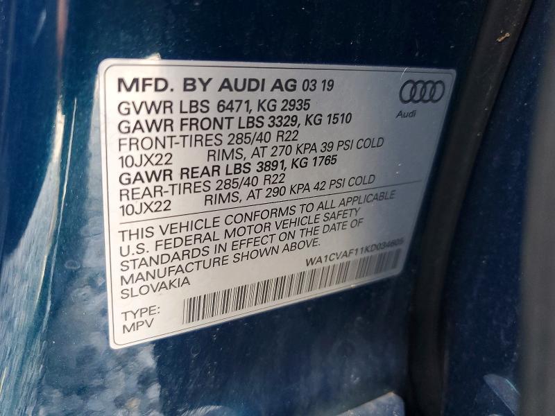 2019 Audi Q8 მანქანა იყიდება აუქციონზე, vin: WA1CVAF11KD034605, აუქციონის ნომერი: 62027946