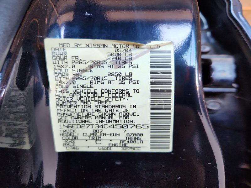 2004 Nissan Frontier მანქანა იყიდება აუქციონზე, vin: 1N6ED27T34C450765, აუქციონის ნომერი: 62400656