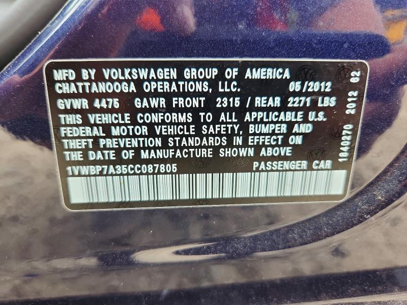 Продажа на аукционе авто 2012 Volkswagen Passat, vin: 1VWBP7A35CC087805, номер лота: 61197406