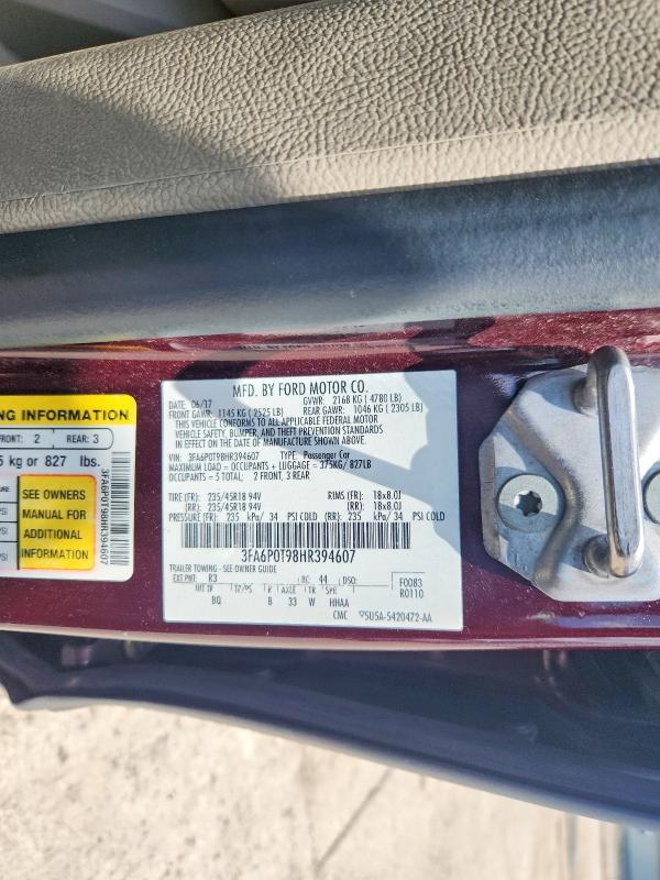 61935206 :رقم المزاد ، 3FA6P0T98HR394607 vin ، 2017 Ford Fusion مزاد بيع