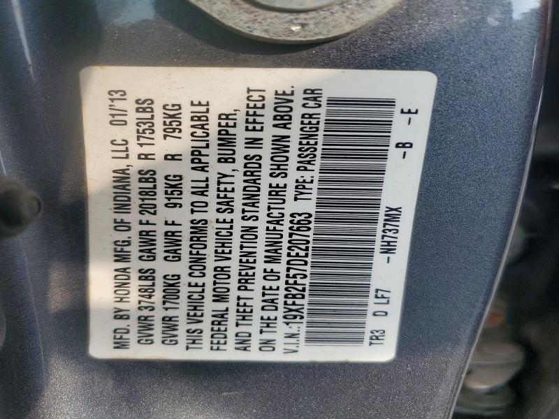 2013 Honda Civic მანქანა იყიდება აუქციონზე, vin: 19XFB2F57DE207663, აუქციონის ნომერი: 62103606