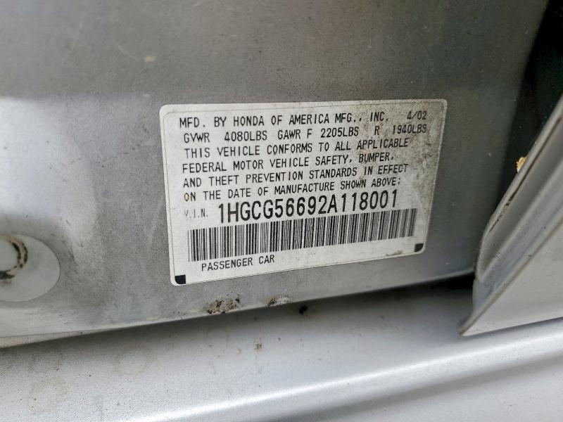 60080906 :رقم المزاد ، 1HGCG56692A118001 vin ، 2002 Honda Accord مزاد بيع