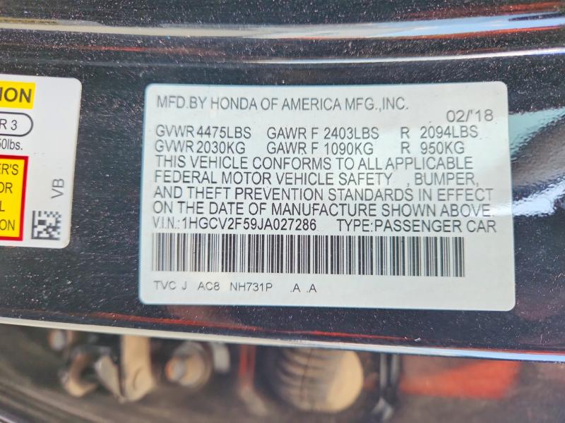 Продажа на аукционе авто 2018 Honda Accord, vin: 1HGCV2F59JA027286, номер лота: 60120656