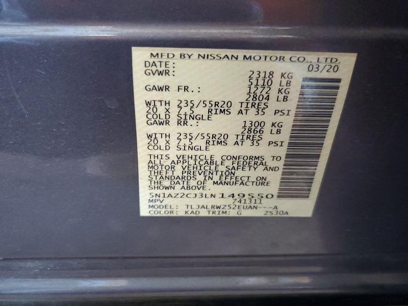 2020 Nissan Murano მანქანა იყიდება აუქციონზე, vin: 5N1AZ2CJ3LN149550, აუქციონის ნომერი: 59715446