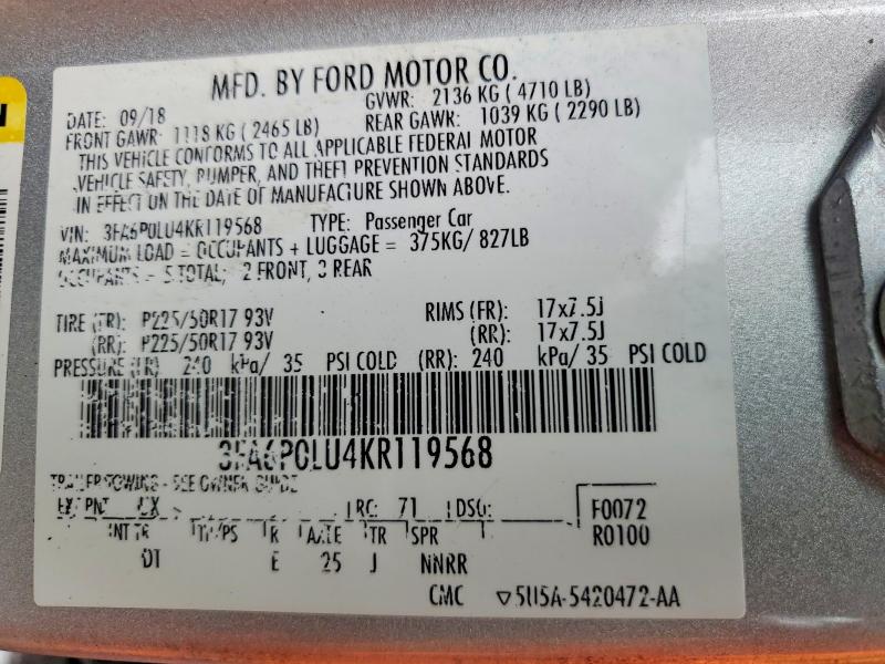 Продажа на аукционе авто 2019 Ford Fusion, vin: 3FA6P0LU4KR119568, номер лота: 61609166