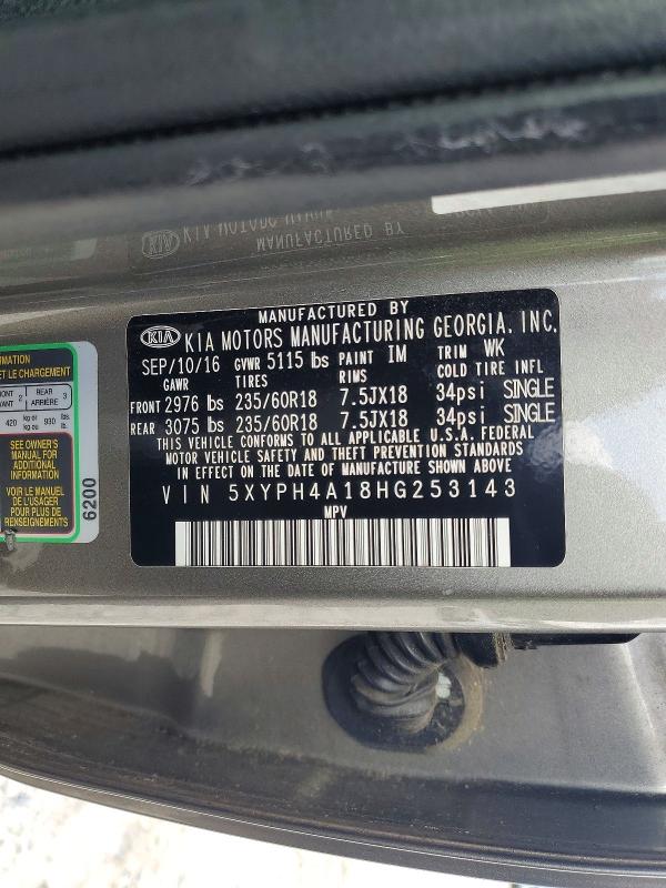 2017 Kia Sorento მანქანა იყიდება აუქციონზე, vin: 5XYPH4A18HG253143, აუქციონის ნომერი: 61088576