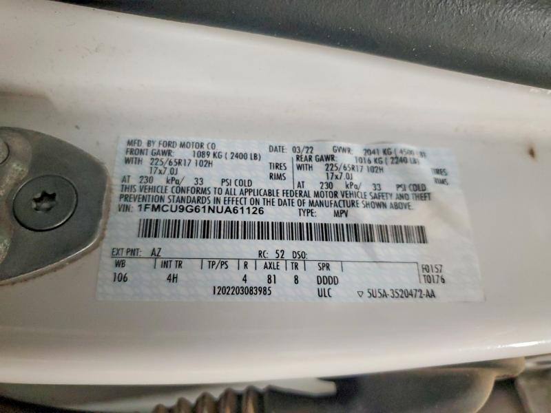 Aukcja sprzedaży 2022 Ford Escape, vin: 1FMCU9G61NUA61126, numer aukcji: 60417866