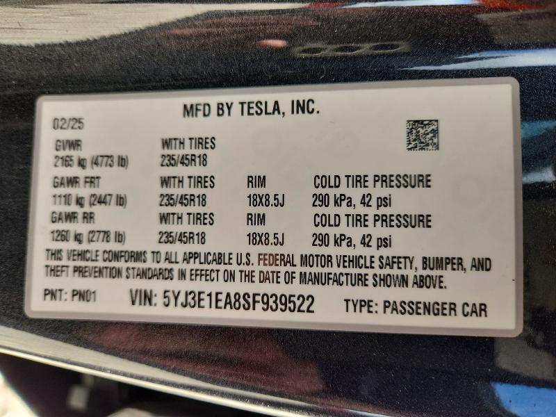 Продаж на аукціоні авто 2025 Tesla Model 3, vin: 5YJ3E1EA8SF939522, номер лоту: 59277246