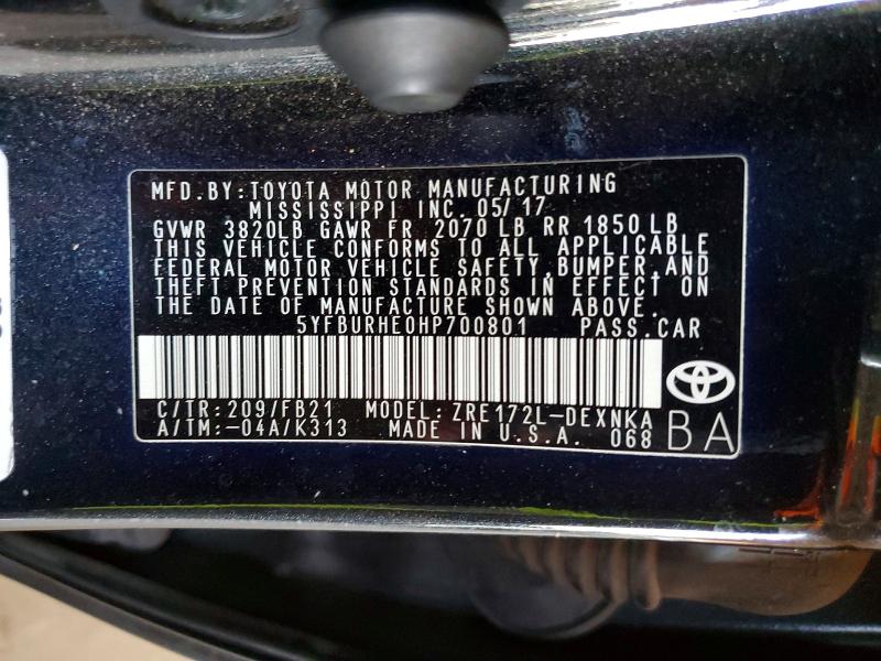Aukcja sprzedaży 2017 Toyota Corolla, vin: 5YFBURHE0HP700801, numer aukcji: 59643546