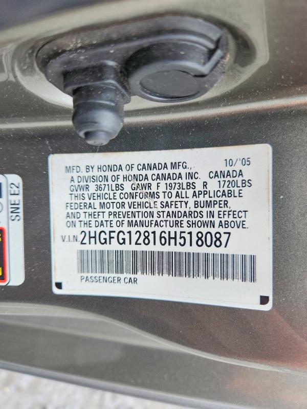 Aukcja sprzedaży 2006 Honda Civic, vin: 2HGFG12816H518087, numer aukcji: 60489706